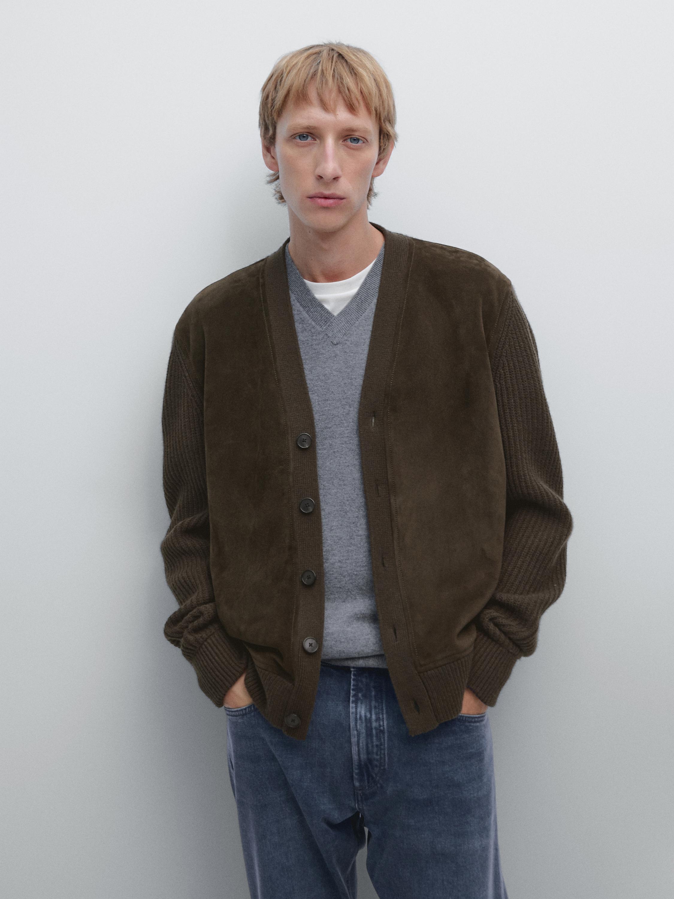 Cardigan en laine et cuir mélangés